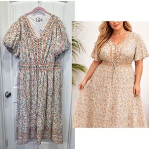 NWOT LEA Boho Cotton Floral Lined Button Maxi Dress Pockets Elastic waist 3X